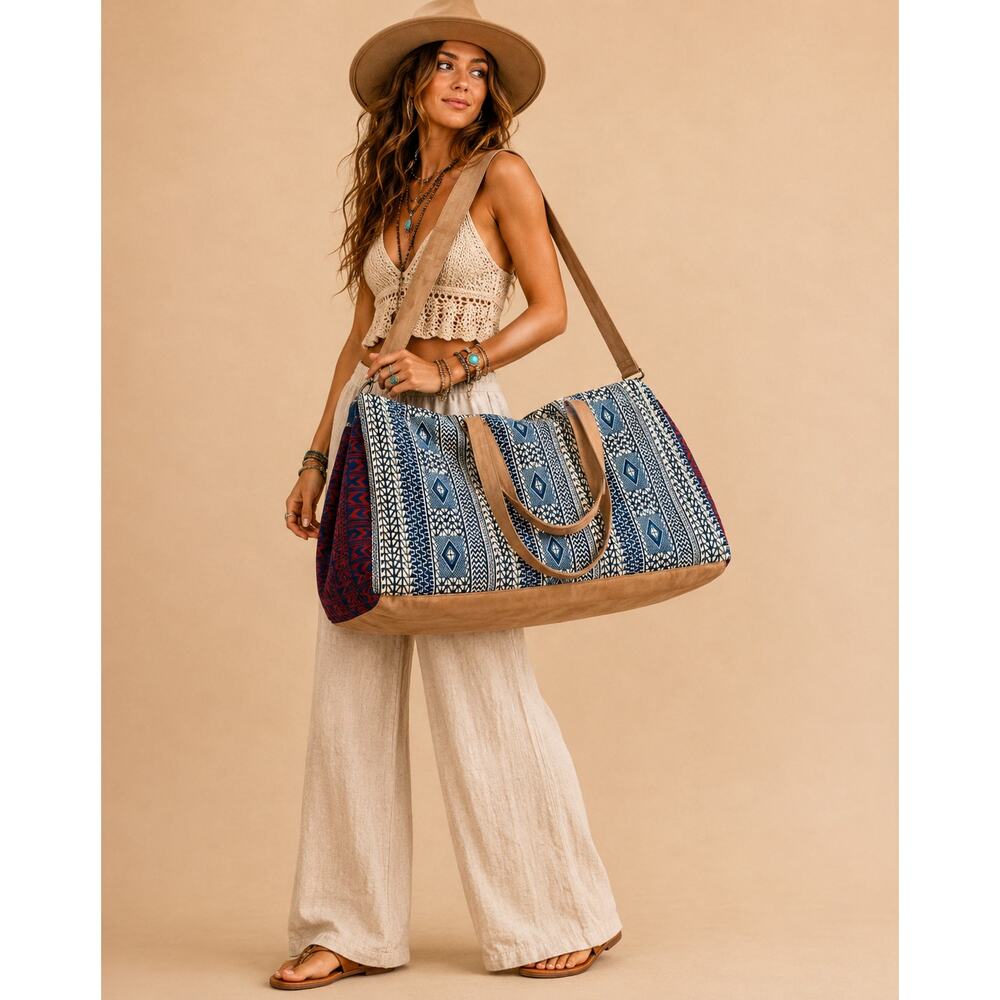 Boho Tribal Print Oversized Weekender Duffle Large Bag Travel Shoulder Tote